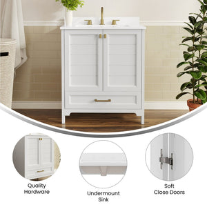 English Elm Haven Bathroom Vanity with Elegant Carrara Marble Countertop, Soft-Close Storage & Easy Assembly White Frame/Gold Hardware 30" FS-BN-4-30-KD-WH-HDGLD-GG