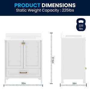 English Elm Haven Bathroom Vanity with Elegant Carrara Marble Countertop, Soft-Close Storage & Easy Assembly White Frame/Gold Hardware 30" FS-BN-4-30-KD-WH-HDGLD-GG