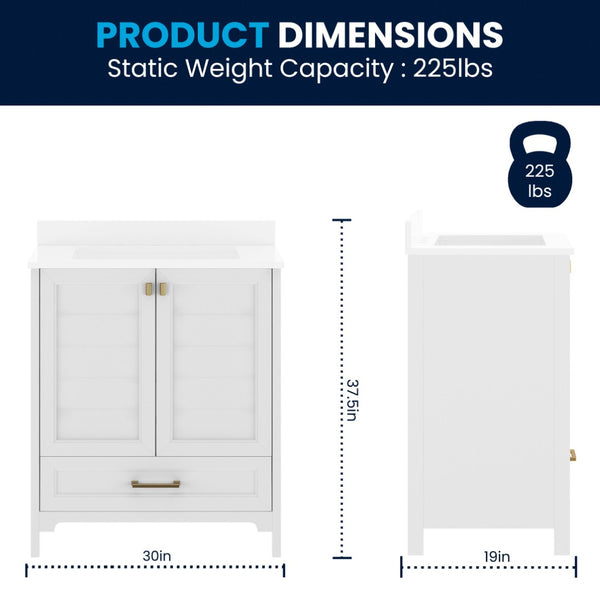 English Elm Haven Bathroom Vanity with Elegant Carrara Marble Countertop, Soft-Close Storage & Easy Assembly White Frame/Gold Hardware 30" FS-BN-4-30-KD-WH-HDGLD-GG