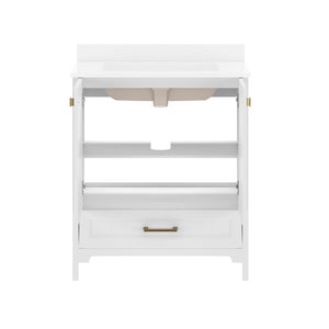 English Elm Haven Bathroom Vanity with Elegant Carrara Marble Countertop, Soft-Close Storage & Easy Assembly White Frame/Gold Hardware 30" FS-BN-4-30-KD-WH-HDGLD-GG