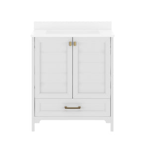 English Elm Haven Bathroom Vanity with Elegant Carrara Marble Countertop, Soft-Close Storage & Easy Assembly White Frame/Gold Hardware 30" FS-BN-4-30-KD-WH-HDGLD-GG