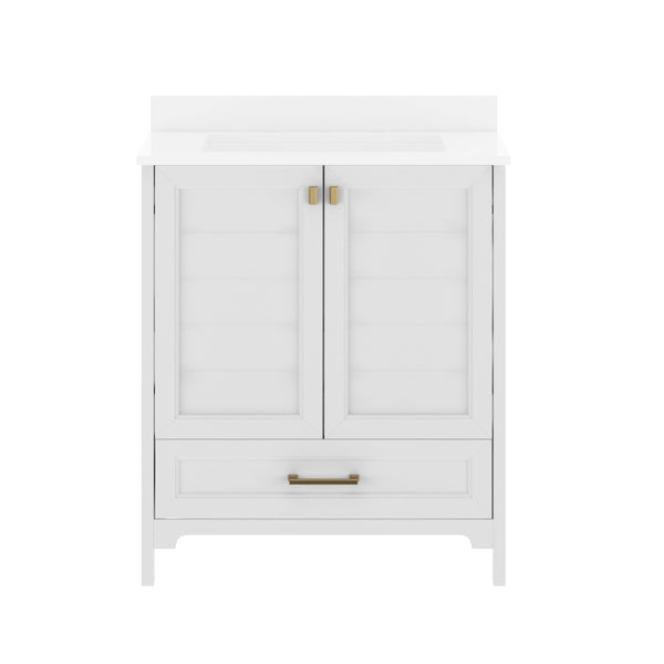 English Elm Haven Bathroom Vanity with Elegant Carrara Marble Countertop, Soft-Close Storage & Easy Assembly White Frame/Gold Hardware 30" FS-BN-4-30-KD-WH-HDGLD-GG