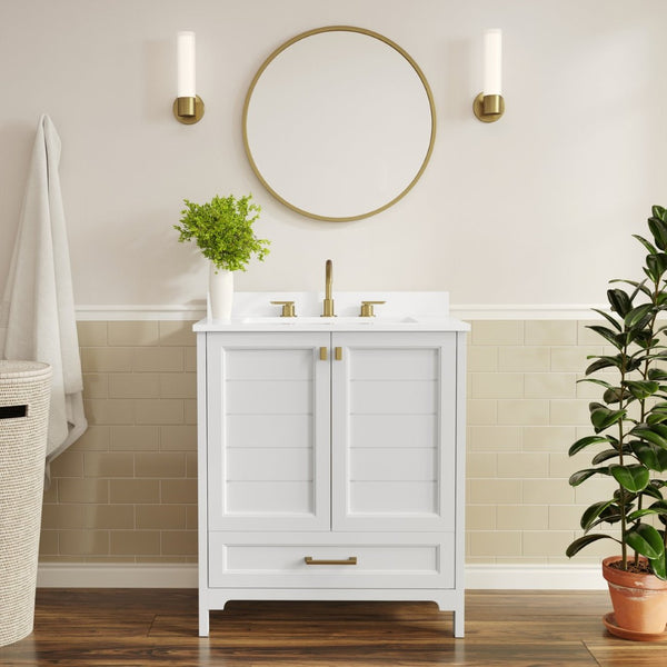 English Elm Haven Bathroom Vanity with Elegant Carrara Marble Countertop, Soft-Close Storage & Easy Assembly White Frame/Gold Hardware 30" FS-BN-4-30-KD-WH-HDGLD-GG