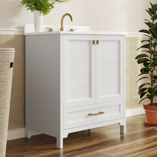 English Elm Haven Bathroom Vanity with Elegant Carrara Marble Countertop, Soft-Close Storage & Easy Assembly White Frame/Gold Hardware 30" FS-BN-4-30-KD-WH-HDGLD-GG