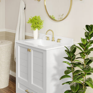 English Elm Haven Bathroom Vanity with Elegant Carrara Marble Countertop, Soft-Close Storage & Easy Assembly White Frame/Gold Hardware 30" FS-BN-4-30-KD-WH-HDGLD-GG