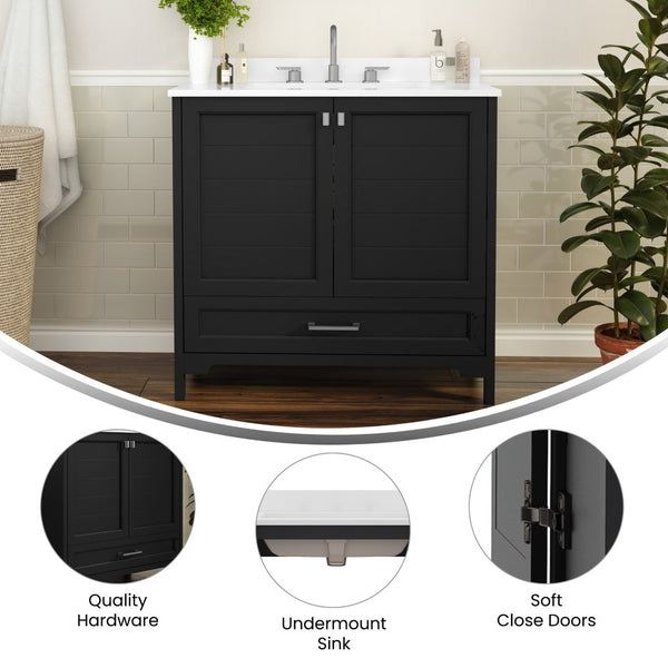 English Elm Haven Bathroom Vanity with Elegant Carrara Marble Countertop, Soft-Close Storage & Easy Assembly Black 36" FS-BN-4-36-KD-BK-GG