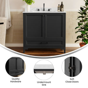 English Elm Haven Bathroom Vanity with Elegant Carrara Marble Countertop, Soft-Close Storage & Easy Assembly Black Frame/Black Hardware 36" FS-BN-4-36-KD-BK-HDBLK-GG