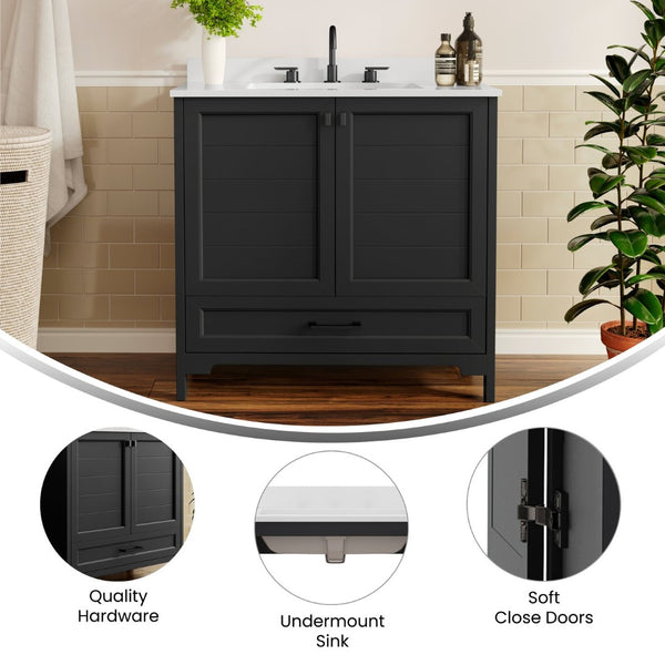 English Elm Haven Bathroom Vanity with Elegant Carrara Marble Countertop, Soft-Close Storage & Easy Assembly Black Frame/Black Hardware 36" FS-BN-4-36-KD-BK-HDBLK-GG