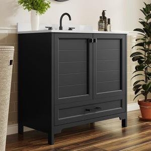 English Elm Haven Bathroom Vanity with Elegant Carrara Marble Countertop, Soft-Close Storage & Easy Assembly Black Frame/Black Hardware 36" FS-BN-4-36-KD-BK-HDBLK-GG