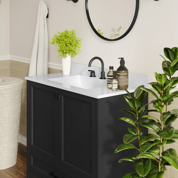 English Elm Haven Bathroom Vanity with Elegant Carrara Marble Countertop, Soft-Close Storage & Easy Assembly Black Frame/Black Hardware 36" FS-BN-4-36-KD-BK-HDBLK-GG