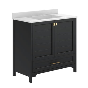 English Elm Haven Bathroom Vanity with Elegant Carrara Marble Countertop, Soft-Close Storage & Easy Assembly Black Frame/Gold Hardware 36" FS-BN-4-36-KD-BK-HDGLD-GG
