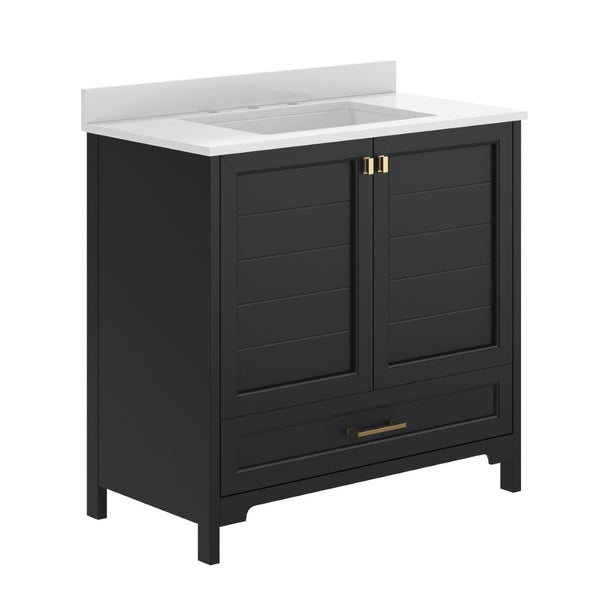 English Elm Haven Bathroom Vanity with Elegant Carrara Marble Countertop, Soft-Close Storage & Easy Assembly Black Frame/Gold Hardware 36" FS-BN-4-36-KD-BK-HDGLD-GG
