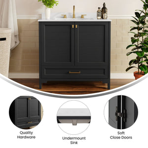 English Elm Haven Bathroom Vanity with Elegant Carrara Marble Countertop, Soft-Close Storage & Easy Assembly Black Frame/Gold Hardware 36" FS-BN-4-36-KD-BK-HDGLD-GG