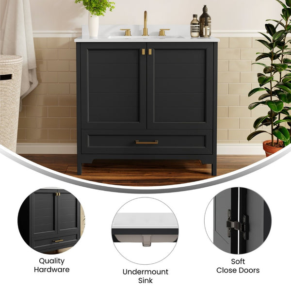 English Elm Haven Bathroom Vanity with Elegant Carrara Marble Countertop, Soft-Close Storage & Easy Assembly Black Frame/Gold Hardware 36" FS-BN-4-36-KD-BK-HDGLD-GG