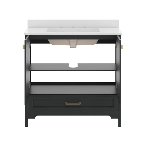 English Elm Haven Bathroom Vanity with Elegant Carrara Marble Countertop, Soft-Close Storage & Easy Assembly Black Frame/Gold Hardware 36" FS-BN-4-36-KD-BK-HDGLD-GG