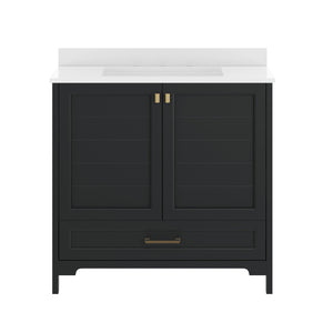 English Elm Haven Bathroom Vanity with Elegant Carrara Marble Countertop, Soft-Close Storage & Easy Assembly Black Frame/Gold Hardware 36" FS-BN-4-36-KD-BK-HDGLD-GG