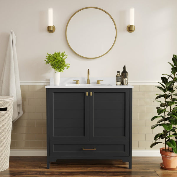 English Elm Haven Bathroom Vanity with Elegant Carrara Marble Countertop, Soft-Close Storage & Easy Assembly Black Frame/Gold Hardware 36" FS-BN-4-36-KD-BK-HDGLD-GG