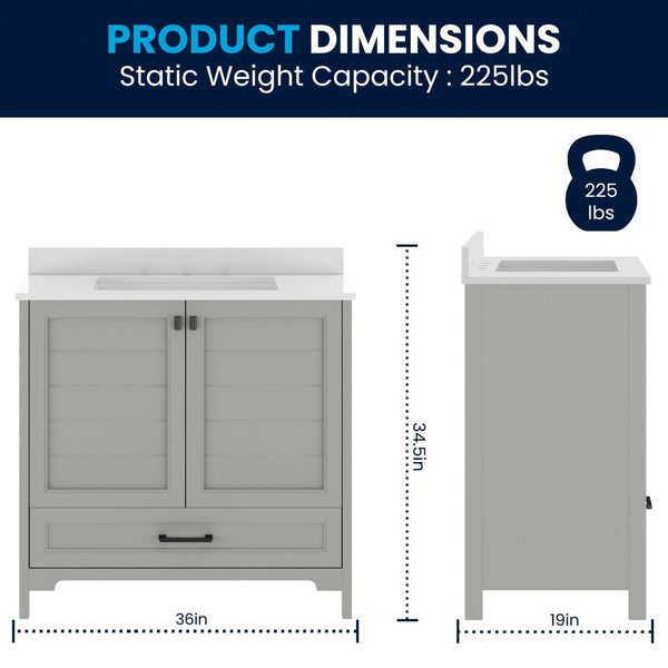 English Elm Haven Bathroom Vanity with Elegant Carrara Marble Countertop, Soft-Close Storage & Easy Assembly Gray Frame/Black Hardware 36" FS-BN-4-36-KD-GY-HDBLK-GG