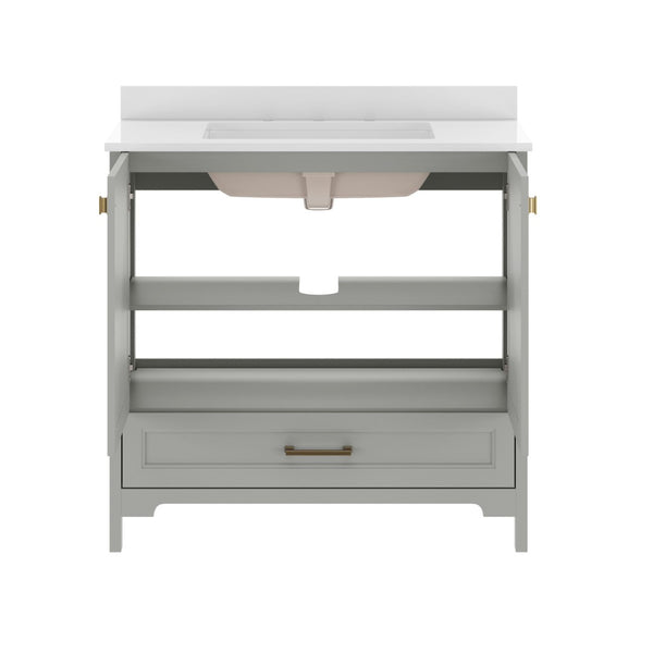 English Elm Haven Bathroom Vanity with Elegant Carrara Marble Countertop, Soft-Close Storage & Easy Assembly Gray Frame/Black Hardware 36" FS-BN-4-36-KD-GY-HDBLK-GG