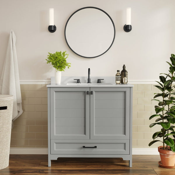 English Elm Haven Bathroom Vanity with Elegant Carrara Marble Countertop, Soft-Close Storage & Easy Assembly Gray Frame/Black Hardware 36" FS-BN-4-36-KD-GY-HDBLK-GG