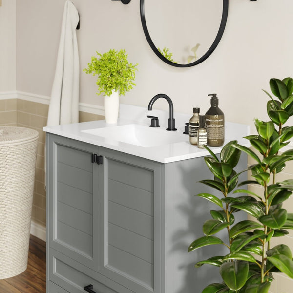 English Elm Haven Bathroom Vanity with Elegant Carrara Marble Countertop, Soft-Close Storage & Easy Assembly Gray Frame/Black Hardware 36" FS-BN-4-36-KD-GY-HDBLK-GG