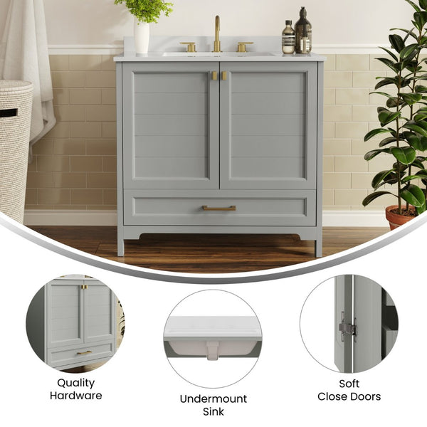 English Elm Haven Bathroom Vanity with Elegant Carrara Marble Countertop, Soft-Close Storage & Easy Assembly Gray Frame/Gold Hardware 36" FS-BN-4-36-KD-GY-HDGLD-GG