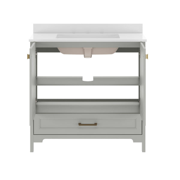 English Elm Haven Bathroom Vanity with Elegant Carrara Marble Countertop, Soft-Close Storage & Easy Assembly Gray Frame/Gold Hardware 36" FS-BN-4-36-KD-GY-HDGLD-GG
