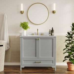 English Elm Haven Bathroom Vanity with Elegant Carrara Marble Countertop, Soft-Close Storage & Easy Assembly Gray Frame/Gold Hardware 36" FS-BN-4-36-KD-GY-HDGLD-GG