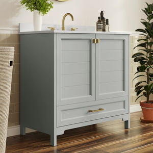 English Elm Haven Bathroom Vanity with Elegant Carrara Marble Countertop, Soft-Close Storage & Easy Assembly Gray Frame/Gold Hardware 36" FS-BN-4-36-KD-GY-HDGLD-GG