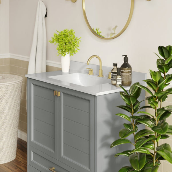 English Elm Haven Bathroom Vanity with Elegant Carrara Marble Countertop, Soft-Close Storage & Easy Assembly Gray Frame/Gold Hardware 36" FS-BN-4-36-KD-GY-HDGLD-GG