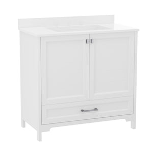 English Elm Haven Bathroom Vanity with Elegant Carrara Marble Countertop, Soft-Close Storage & Easy Assembly White 36" FS-BN-4-36-KD-WH-GG