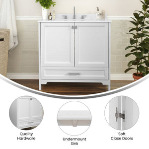 English Elm Haven Bathroom Vanity with Elegant Carrara Marble Countertop, Soft-Close Storage & Easy Assembly White 36" FS-BN-4-36-KD-WH-GG