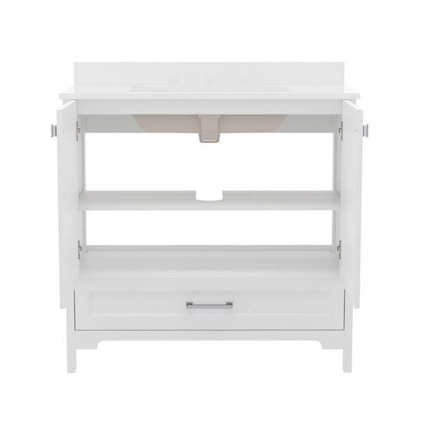 English Elm Haven Bathroom Vanity with Elegant Carrara Marble Countertop, Soft-Close Storage & Easy Assembly White 36" FS-BN-4-36-KD-WH-GG