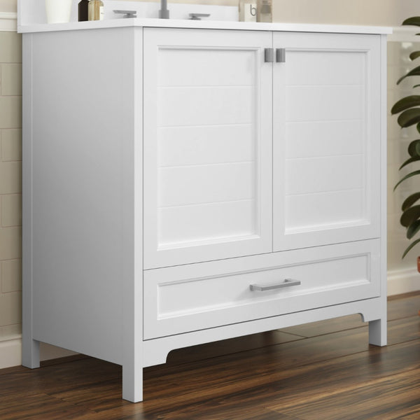 English Elm Haven Bathroom Vanity with Elegant Carrara Marble Countertop, Soft-Close Storage & Easy Assembly White 36" FS-BN-4-36-KD-WH-GG