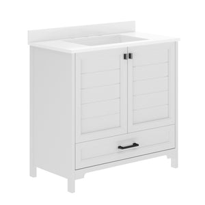 English Elm Haven Bathroom Vanity with Elegant Carrara Marble Countertop, Soft-Close Storage & Easy Assembly White Frame/Black Hardware 36" FS-BN-4-36-KD-WH-HDBLK-GG