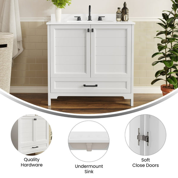 English Elm Haven Bathroom Vanity with Elegant Carrara Marble Countertop, Soft-Close Storage & Easy Assembly White Frame/Black Hardware 36" FS-BN-4-36-KD-WH-HDBLK-GG