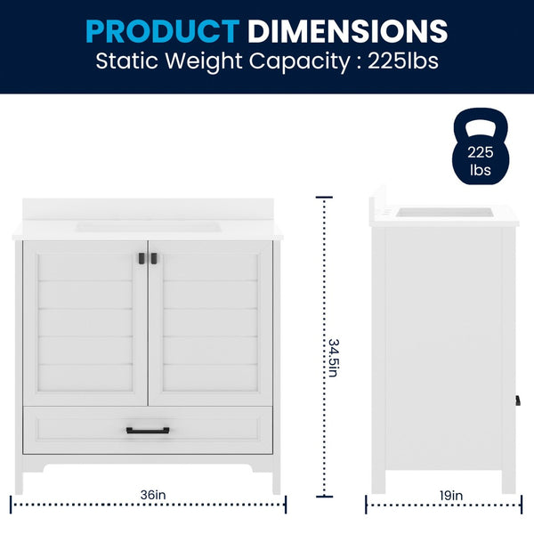 English Elm Haven Bathroom Vanity with Elegant Carrara Marble Countertop, Soft-Close Storage & Easy Assembly White Frame/Black Hardware 36" FS-BN-4-36-KD-WH-HDBLK-GG