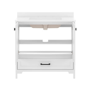 English Elm Haven Bathroom Vanity with Elegant Carrara Marble Countertop, Soft-Close Storage & Easy Assembly White Frame/Black Hardware 36" FS-BN-4-36-KD-WH-HDBLK-GG