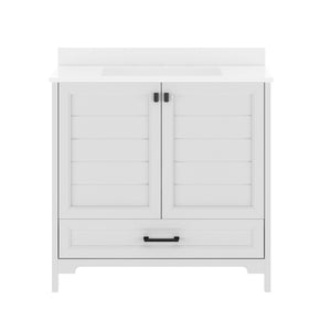 English Elm Haven Bathroom Vanity with Elegant Carrara Marble Countertop, Soft-Close Storage & Easy Assembly White Frame/Black Hardware 36" FS-BN-4-36-KD-WH-HDBLK-GG