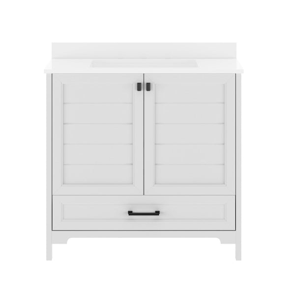 English Elm Haven Bathroom Vanity with Elegant Carrara Marble Countertop, Soft-Close Storage & Easy Assembly White Frame/Black Hardware 36" FS-BN-4-36-KD-WH-HDBLK-GG