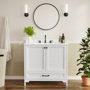 English Elm Haven Bathroom Vanity with Elegant Carrara Marble Countertop, Soft-Close Storage & Easy Assembly White Frame/Black Hardware 36" FS-BN-4-36-KD-WH-HDBLK-GG
