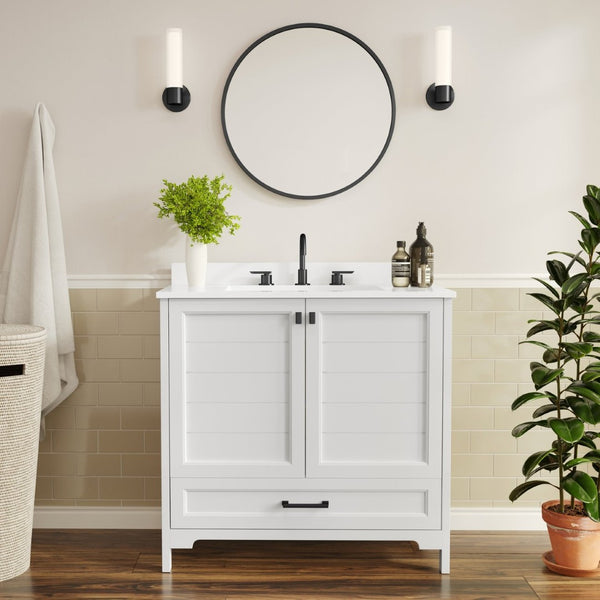 English Elm Haven Bathroom Vanity with Elegant Carrara Marble Countertop, Soft-Close Storage & Easy Assembly White Frame/Black Hardware 36" FS-BN-4-36-KD-WH-HDBLK-GG