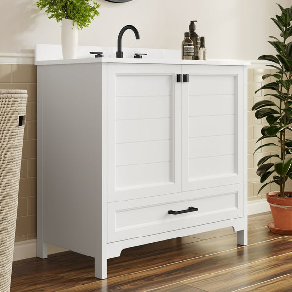 English Elm Haven Bathroom Vanity with Elegant Carrara Marble Countertop, Soft-Close Storage & Easy Assembly White Frame/Black Hardware 36" FS-BN-4-36-KD-WH-HDBLK-GG