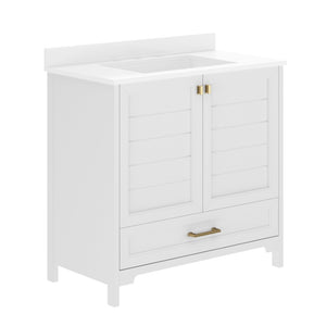 English Elm Haven Bathroom Vanity with Elegant Carrara Marble Countertop, Soft-Close Storage & Easy Assembly White Frame/Gold Hardware 36" FS-BN-4-36-KD-WH-HDGLD-GG