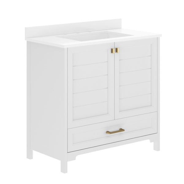 English Elm Haven Bathroom Vanity with Elegant Carrara Marble Countertop, Soft-Close Storage & Easy Assembly White Frame/Gold Hardware 36" FS-BN-4-36-KD-WH-HDGLD-GG