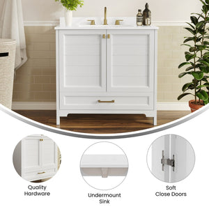 English Elm Haven Bathroom Vanity with Elegant Carrara Marble Countertop, Soft-Close Storage & Easy Assembly White Frame/Gold Hardware 36" FS-BN-4-36-KD-WH-HDGLD-GG