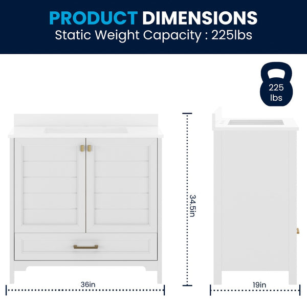 English Elm Haven Bathroom Vanity with Elegant Carrara Marble Countertop, Soft-Close Storage & Easy Assembly White Frame/Gold Hardware 36" FS-BN-4-36-KD-WH-HDGLD-GG