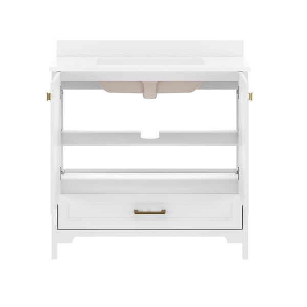 English Elm Haven Bathroom Vanity with Elegant Carrara Marble Countertop, Soft-Close Storage & Easy Assembly White Frame/Gold Hardware 36" FS-BN-4-36-KD-WH-HDGLD-GG