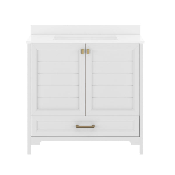 English Elm Haven Bathroom Vanity with Elegant Carrara Marble Countertop, Soft-Close Storage & Easy Assembly White Frame/Gold Hardware 36" FS-BN-4-36-KD-WH-HDGLD-GG