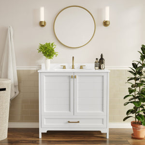 English Elm Haven Bathroom Vanity with Elegant Carrara Marble Countertop, Soft-Close Storage & Easy Assembly White Frame/Gold Hardware 36" FS-BN-4-36-KD-WH-HDGLD-GG
